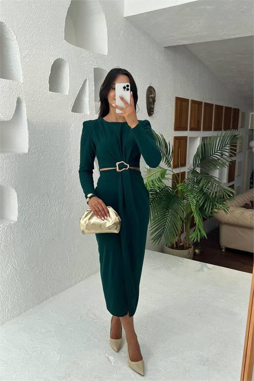 Dipmoda kadın bel dekolteli toka detaylı uzun kollu elbise DPMY3655