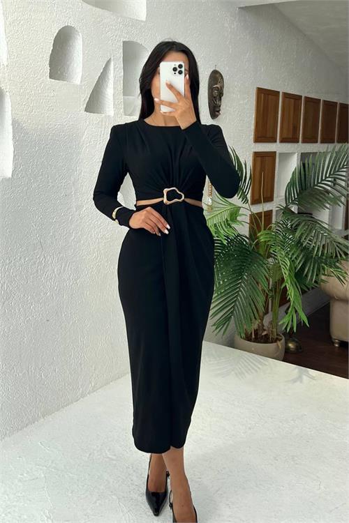 Dipmoda kadın bel dekolteli toka detaylı uzun kollu elbise DPMY3655