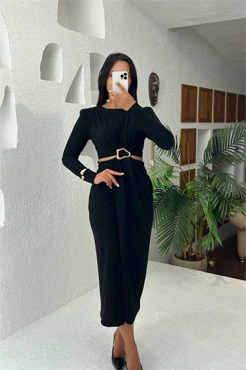 Dipmoda kadın bel dekolteli toka detaylı uzun kollu elbise DPMY3655