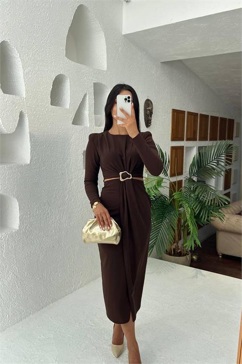 Dipmoda kadın bel dekolteli toka detaylı uzun kollu elbise DPMY3655