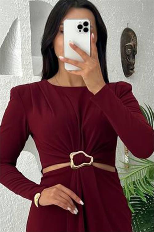 Dipmoda kadın bel dekolteli toka detaylı uzun kollu elbise DPMY3655