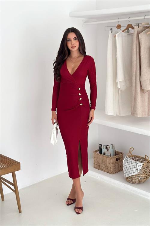 Dipmoda kadın bel drapeli düğme detaylı yırtmaçlı elbise DPK4318