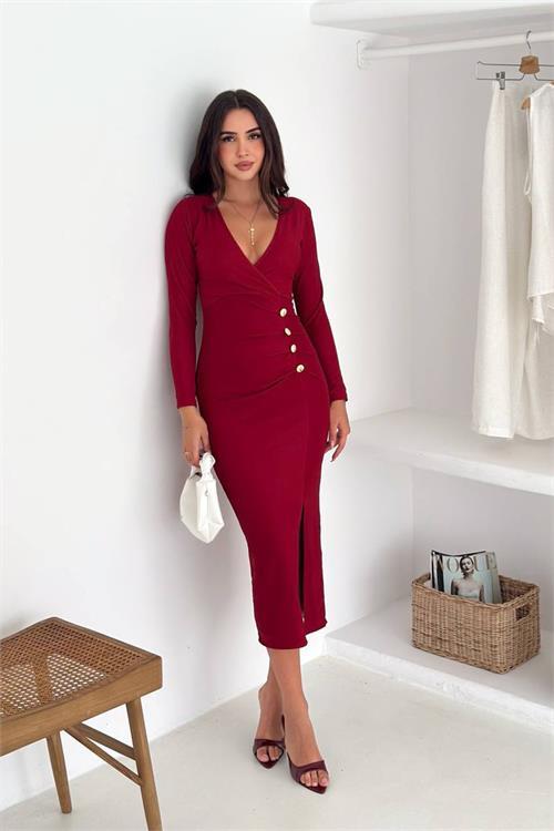 Dipmoda kadın bel drapeli düğme detaylı yırtmaçlı elbise DPK4318