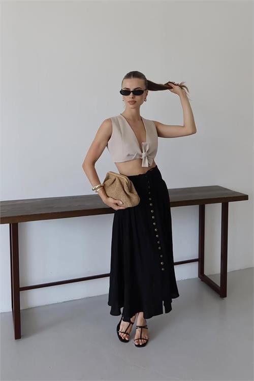 Dipmoda kadın bel lastikli düğmeli etek DPNP010