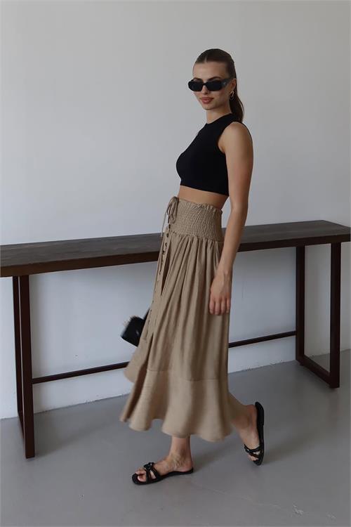 Dipmoda kadın bel lastikli düğmeli etek DPNP010