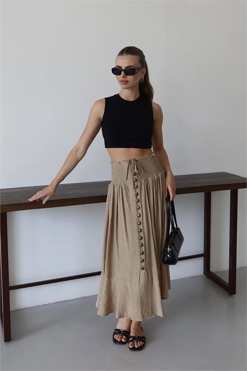 Dipmoda kadın bel lastikli düğmeli etek DPNP010
