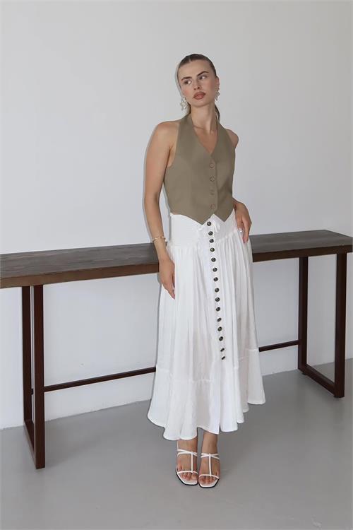 Dipmoda kadın bel lastikli düğmeli etek DPNP010