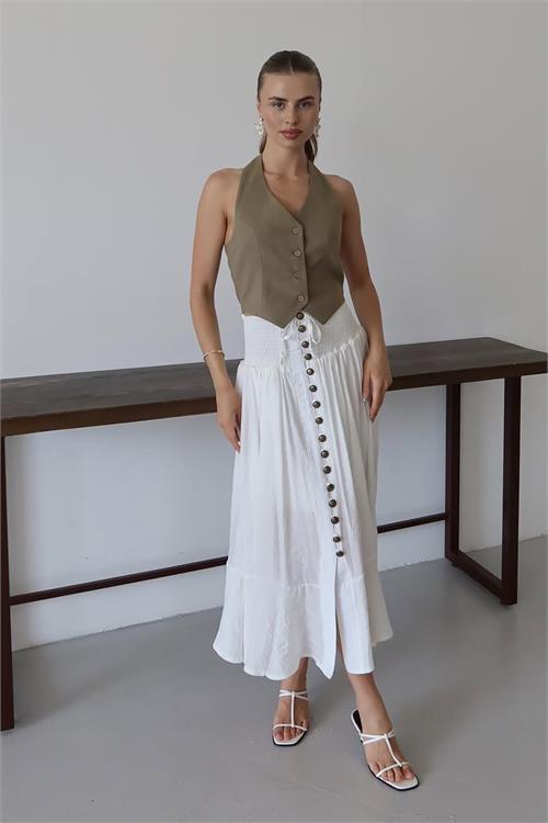 Dipmoda kadın bel lastikli düğmeli etek DPNP010