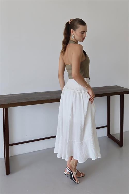 Dipmoda kadın bel lastikli düğmeli etek DPNP010