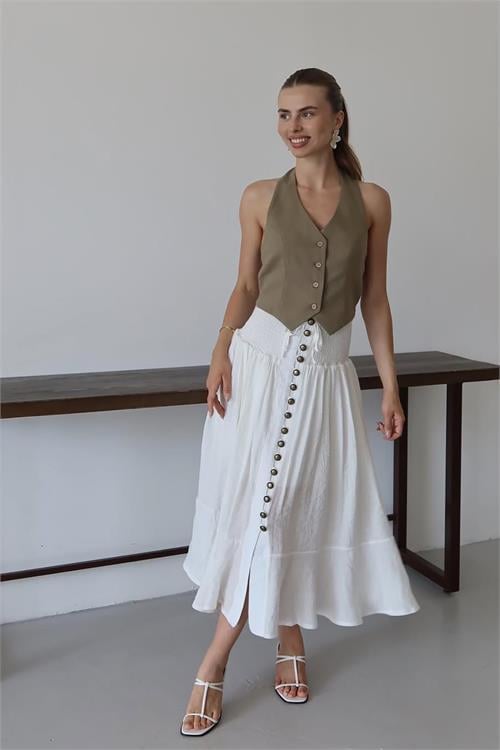 Dipmoda kadın bel lastikli düğmeli etek DPNP010