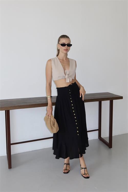 Dipmoda kadın bel lastikli düğmeli etek DPNP010