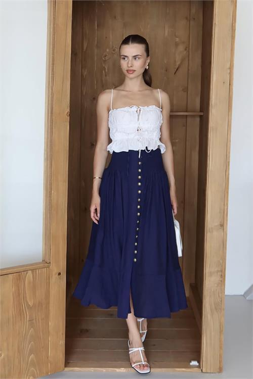 Dipmoda kadın bel lastikli düğmeli etek DPNP010