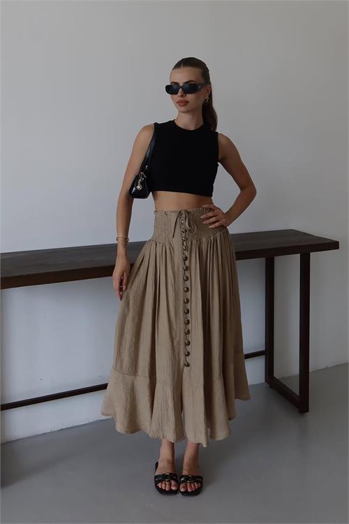 Dipmoda kadın bel lastikli düğmeli etek DPNP010
