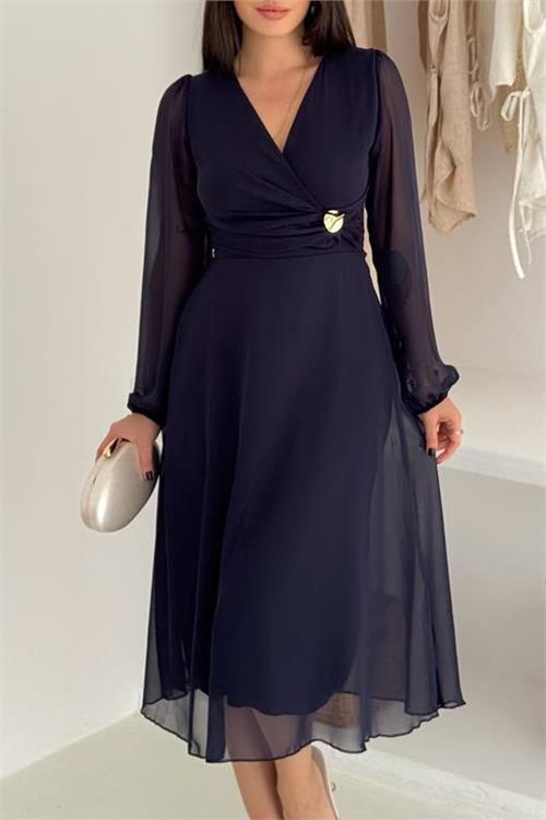 Dipmoda kadın bel toka detaylı astarlı şifon elbise DPK4329