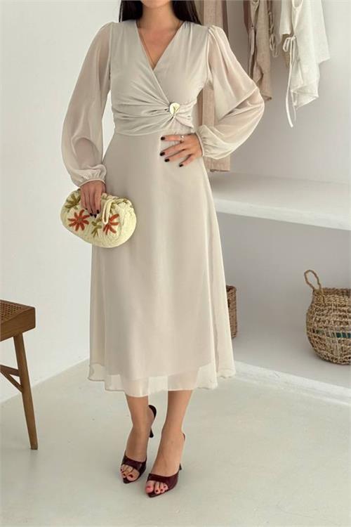 Dipmoda kadın bel toka detaylı astarlı şifon elbise DPK4329