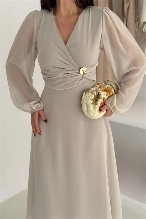 Dipmoda kadın bel toka detaylı astarlı şifon elbise DPK4329