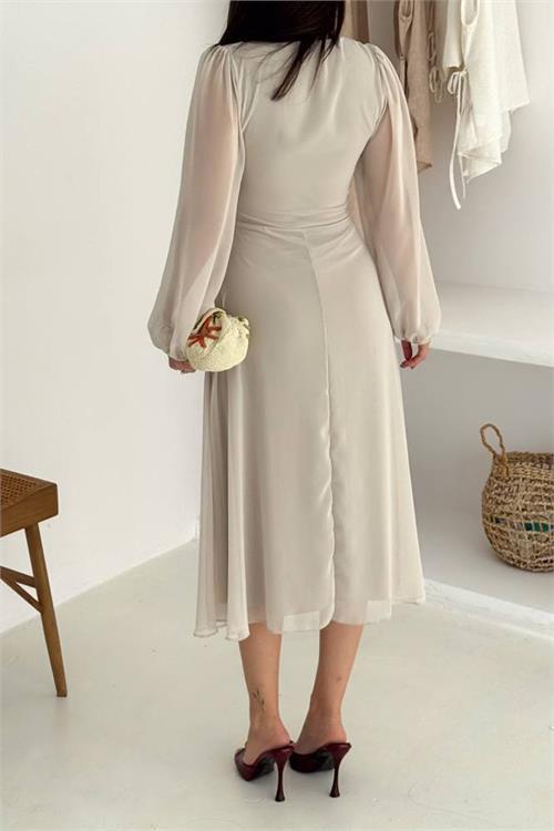 Dipmoda kadın bel toka detaylı astarlı şifon elbise DPK4329