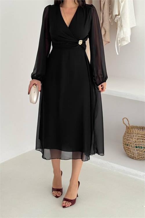 Dipmoda kadın bel toka detaylı astarlı şifon elbise DPK4329