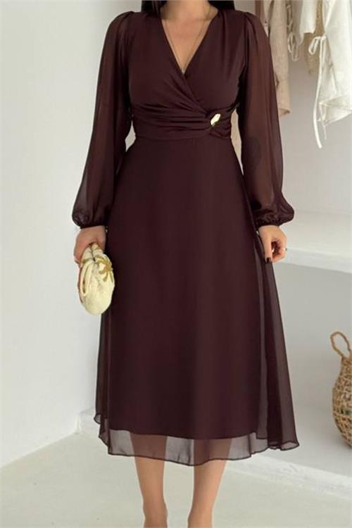 Dipmoda kadın bel toka detaylı astarlı şifon elbise DPK4329