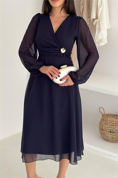 Dipmoda kadın bel toka detaylı astarlı şifon elbise DPK4329