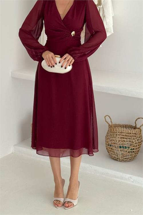 Dipmoda kadın bel toka detaylı astarlı şifon elbise DPK4329