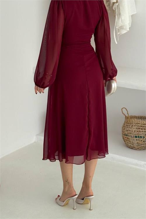 Dipmoda kadın bel toka detaylı astarlı şifon elbise DPK4329