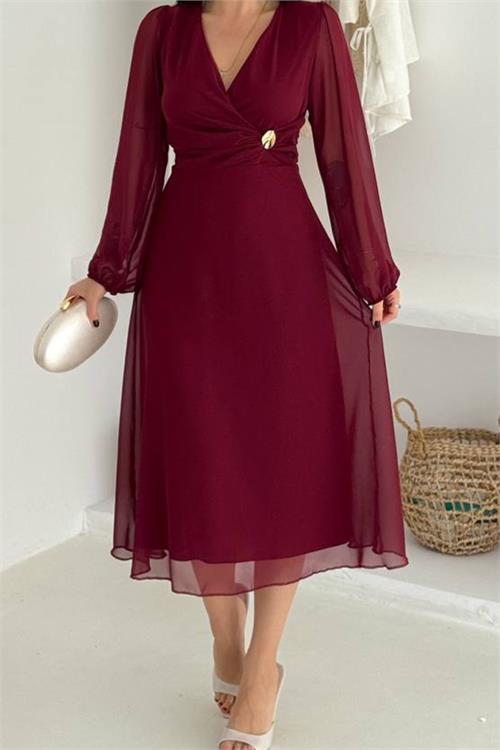 Dipmoda kadın bel toka detaylı astarlı şifon elbise DPK4329