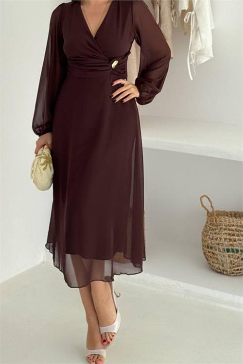 Dipmoda kadın bel toka detaylı astarlı şifon elbise DPK4329