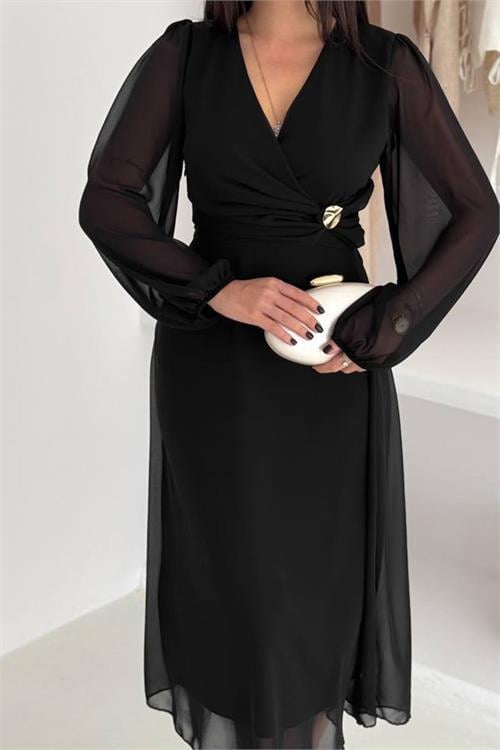 Dipmoda kadın bel toka detaylı astarlı şifon elbise DPK4329