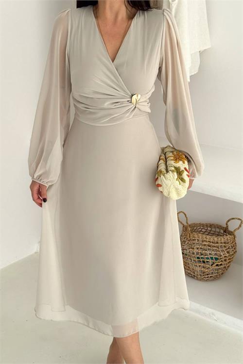 Dipmoda kadın bel toka detaylı astarlı şifon elbise DPK4329