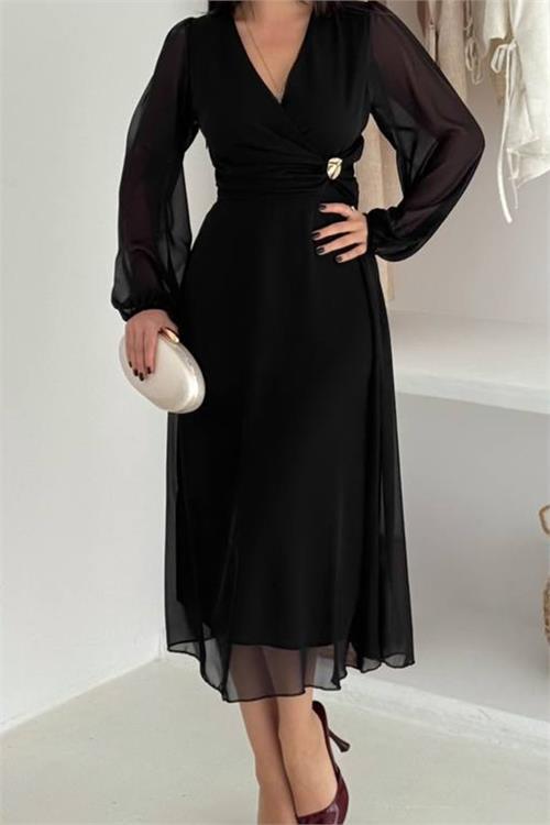 Dipmoda kadın bel toka detaylı astarlı şifon elbise DPK4329