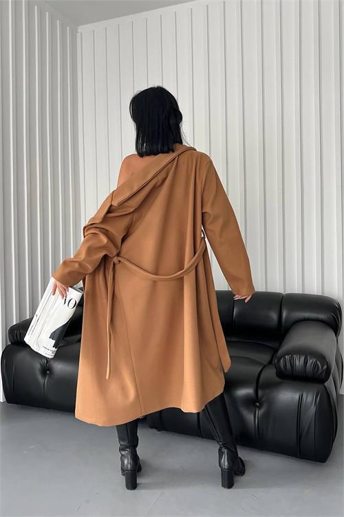 Dipmoda kadın bella kuşaklı kaşe kaban DPGTS026 - Camel