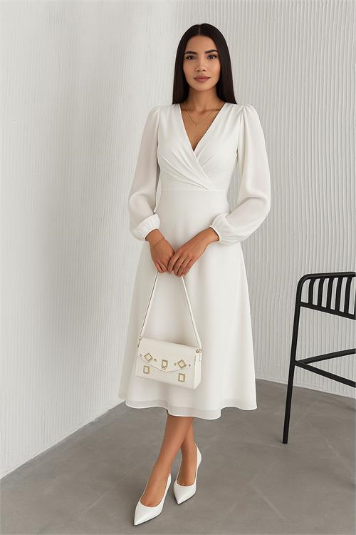 Dipmoda kadın beyaz astarlı şifon elbise DPK30281