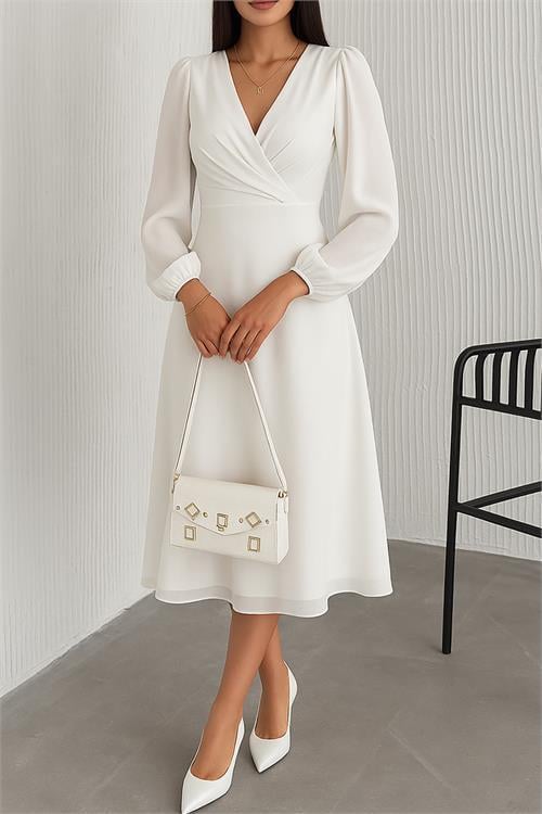 Dipmoda kadın beyaz astarlı şifon elbise DPK30281