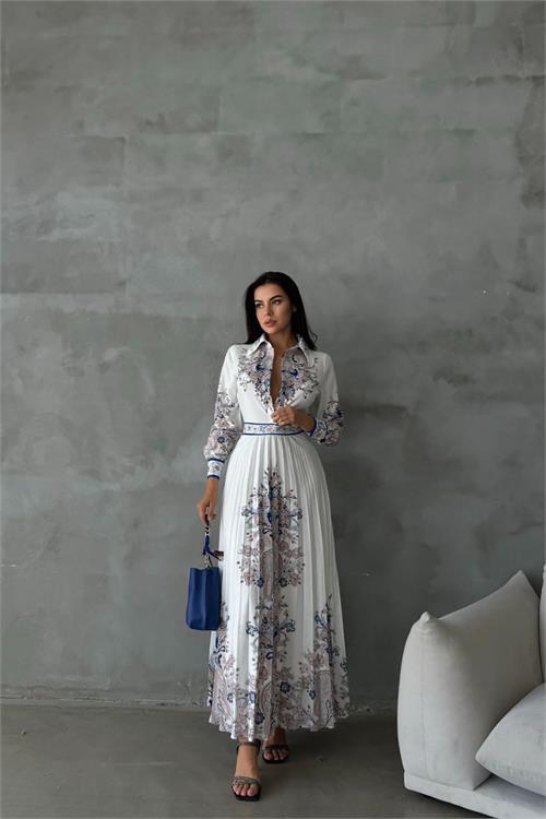 Dipmoda kadın beyaz atlas kumaş desenli elbise DPMS42131