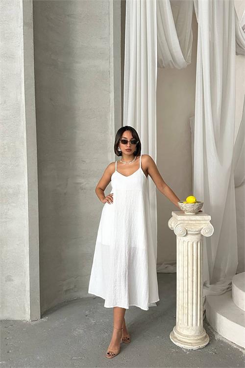 Dipmoda kadın beyaz ayarlanabilir askılı salaş elbise DPG090