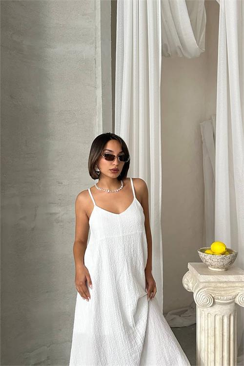 Dipmoda kadın beyaz ayarlanabilir askılı salaş elbise DPG090