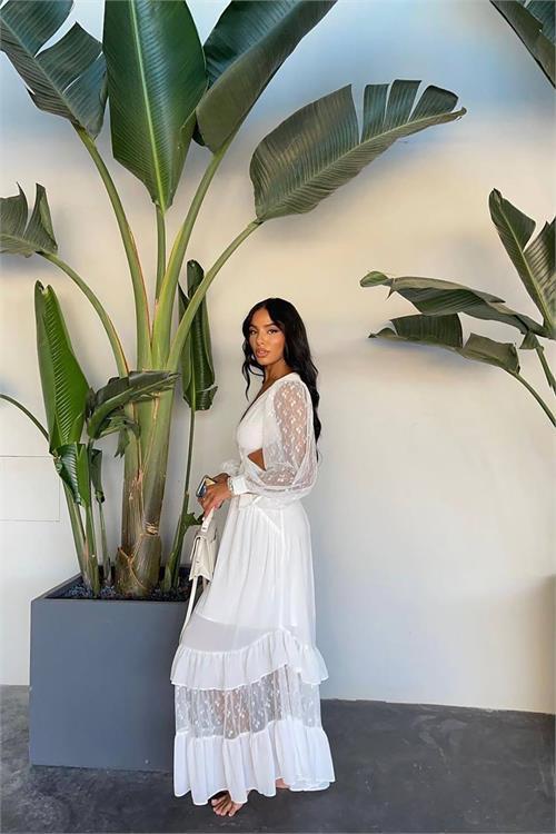 Dipmoda kadın beyaz dantel detaylı tokalı elbise DPNBEMP1886