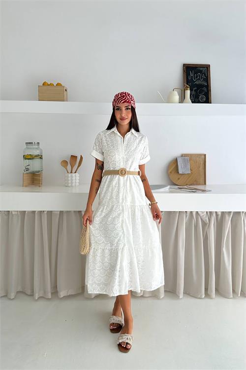 Dipmoda kadın beyaz gömlek yaka nakışlı hasır kemerli elbise DPK064