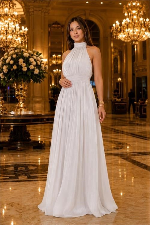 Dipmoda kadın beyaz halter yaka janjan kumaş premium abiye elbise DPMY4128