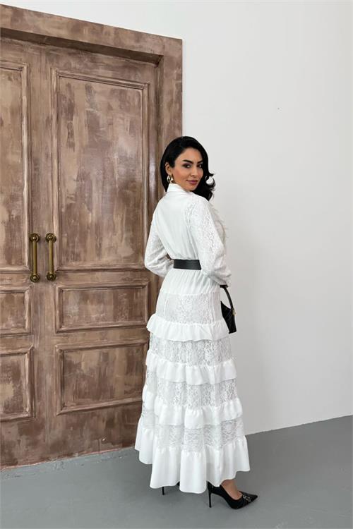 Dipmoda kadın beyaz kemerli dantel detaylı elbise DPMS2547