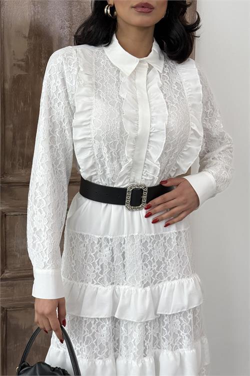 Dipmoda kadın beyaz kemerli dantel detaylı elbise DPMS2547