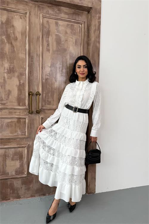 Dipmoda kadın beyaz kemerli dantel detaylı elbise DPMS2547