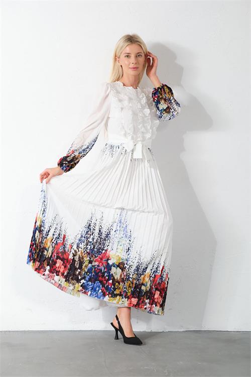 Dipmoda kadın beyaz kuşaklı tasarım elbise DPMS42156