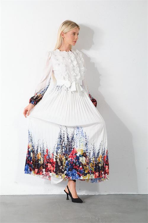 Dipmoda kadın beyaz kuşaklı tasarım elbise DPMS42156