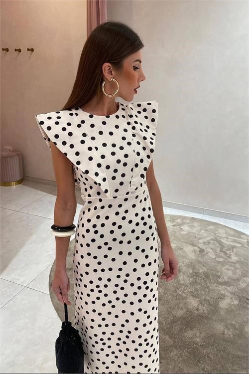 Dipmoda kadın beyaz omuz vatkalı puantiye desen midi boy kalem elbise DPEMP3042