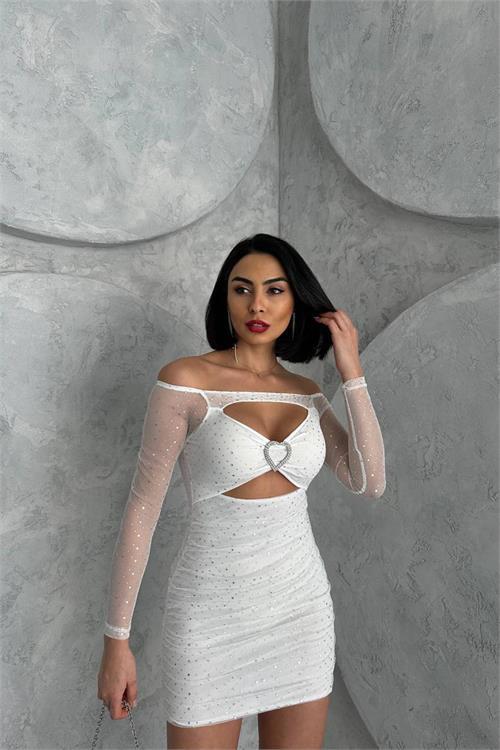Dipmoda kadın beyaz simli dekolte mini elbise DPNBDF115