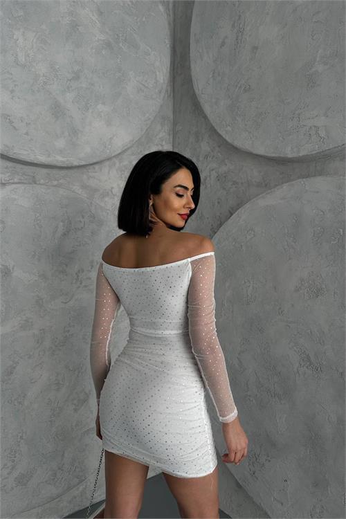 Dipmoda kadın beyaz simli dekolte mini elbise DPNBDF115