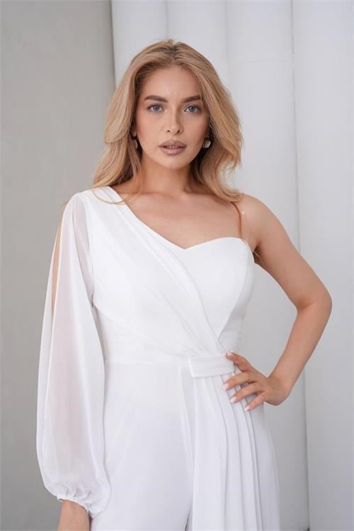 Dipmoda kadın beyaz tek kol astarlı tül kumaş tasarım abiye tulum DPS9389
