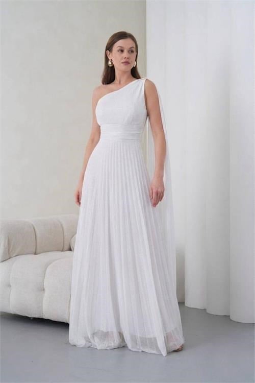 Dipmoda kadın beyaz tek omuz tokalı drape detaylı ışıltılı tül kumaş abiye elbise DPS9388